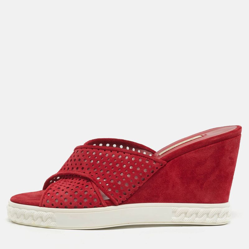 Casadei Size 39 Red Mesh And Suede Wedge Sandals